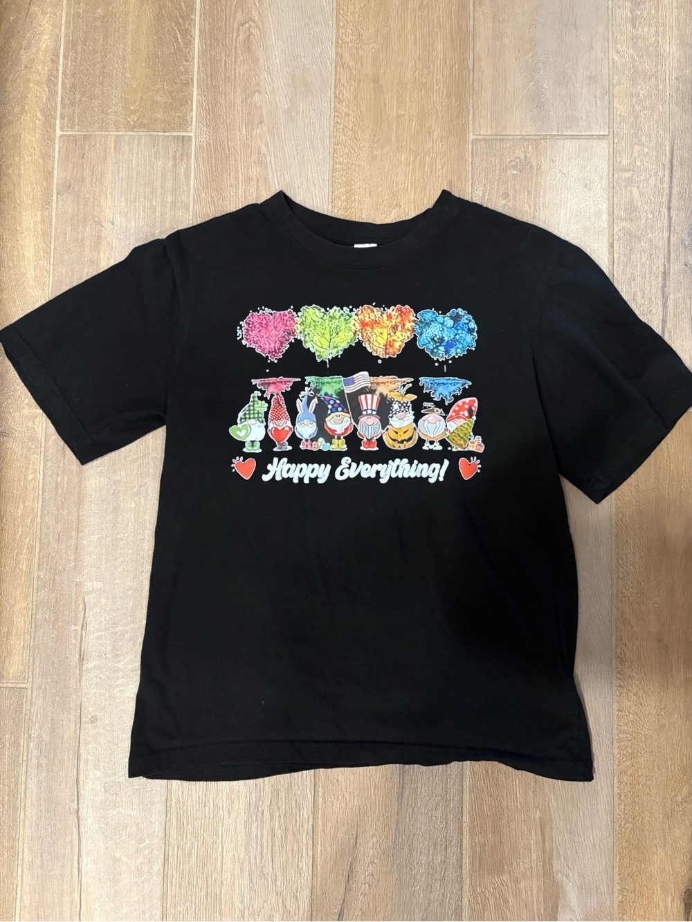 Happy Everything! Gnomes! Black crew T-shirt for every holiday.